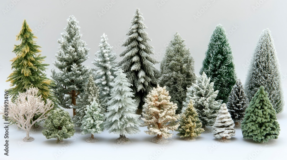 Obraz premium Collection of Miniature Snow-Covered and Evergreen Trees for Holiday Decoration and Model Building