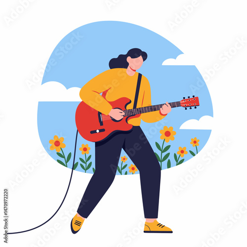 Guitar Player Woman on Flowers Artistic Illustration