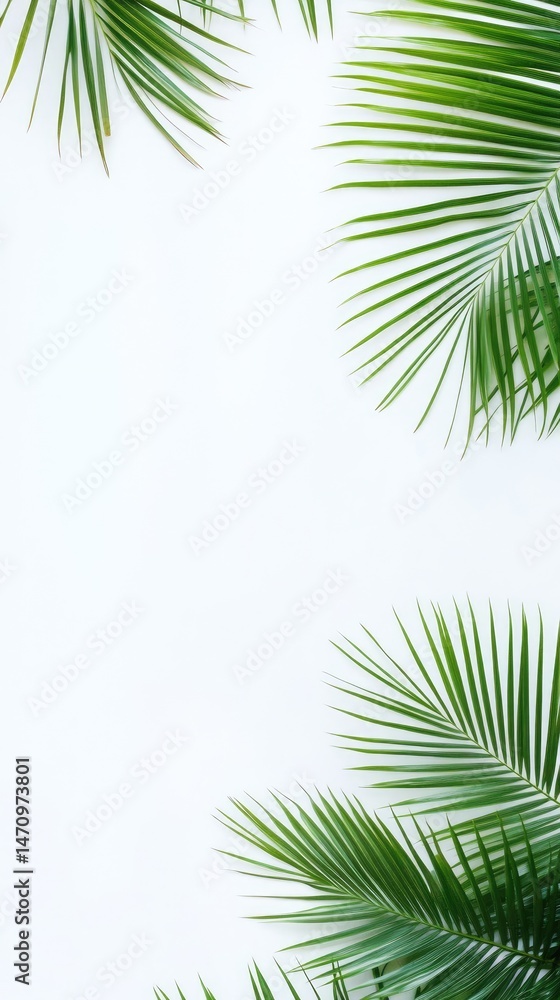 Naklejka premium Tropical palm leaves frame a white background. Lush green fronds surround a blank space