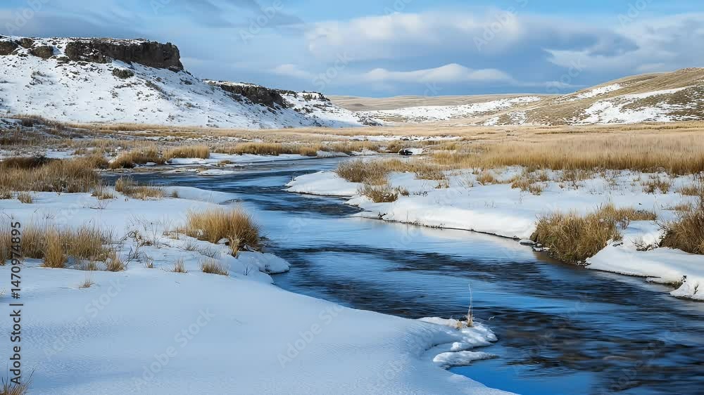 Frozen River Flowing Through a Snowy Landscape Under a Blue Sky with Sparse Clouds in a Serene Winter Scene Frozen River Flowing Through a Snowy Landscape Under a Blue Sky with Sparse Clouds in a Serene Winter Scene