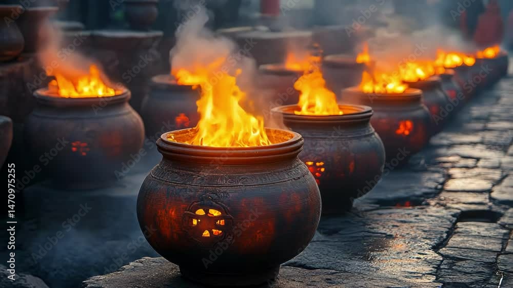 Burning flames in ornate pots line a stone path, creating a mystical, spiritual atmosphere. Burning flames in ornate pots line a stone path, creating a mystical, spiritual atmosphere.