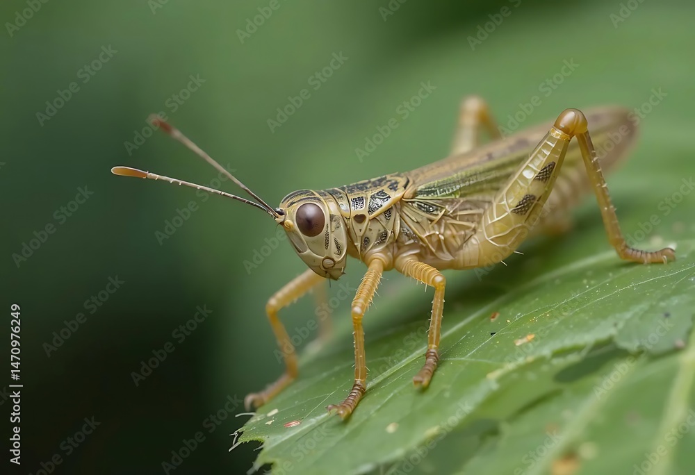Fototapeta premium Grasshopper Resting on a Green Leaf Macro