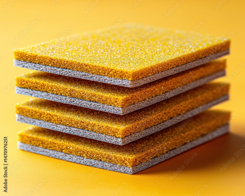 Fototapeta premium Stack of vibrant yellow sponges on a bright orange background, ideal for cleaning