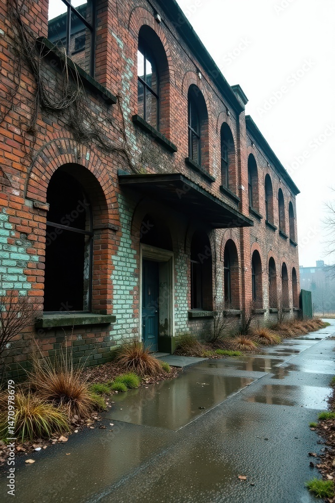 A weathered brick building with arched windows and a dark door, reflecting a rainy day on the wet pavement A weathered brick building with arched windows and a dark door, reflecting a rainy day on the wet pavement