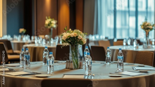 Elegant banquet setup with floral centerpieces and water bottles (1)