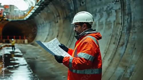 Male Engineer in Orange Safety Vest Reviewing Blueprints inside Concrete Tunnel Construction Site Wearing White Hardhat Safety and Industry Focus