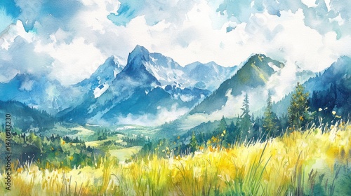 Fototapeta Naklejka Na Ścianę i Meble -  A painted landscape of mountains and meadows.