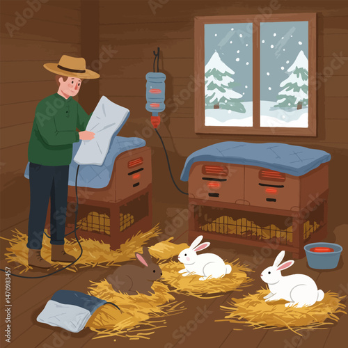 Farmer Preparing Rabbit Hutch with Heated Pads During Winter Season