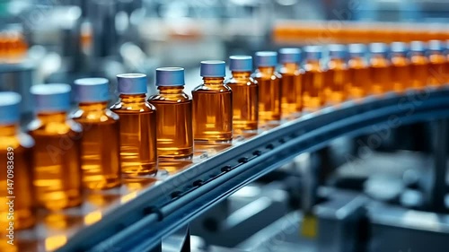 Pharmaceutical Production Line Featuring Amber Liquid Vials with Silver Caps Moving Along an Automated Conveyor Belt in a Modern Factory