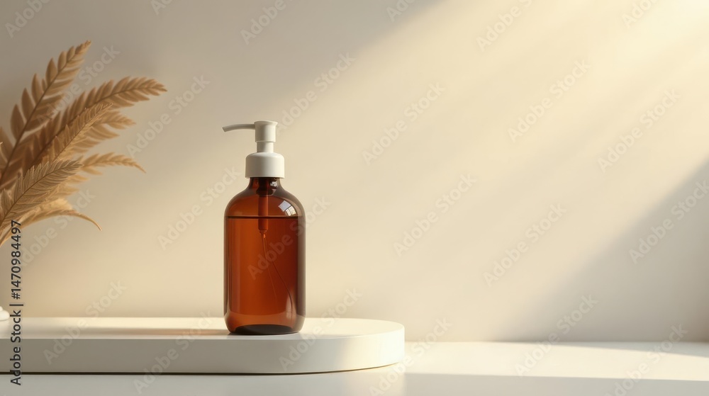 Amber bottle with pump dispenser on minimalist shelf, bathed in soft sunlight, beside dried floral arrangement Amber bottle with pump dispenser on minimalist shelf, bathed in soft sunlight, beside dried floral arrangement