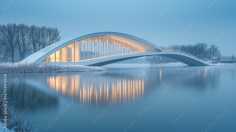 Fototapeta premium Modern arch bridge over serene winter lake