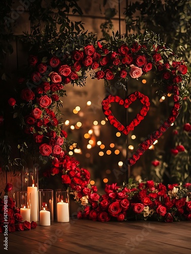 A Romantic Valentine's Day Setup with Red Roses Candles and Heart Shaped Decoration