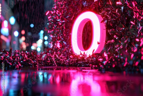 Neon letter 'O' in a rainy city