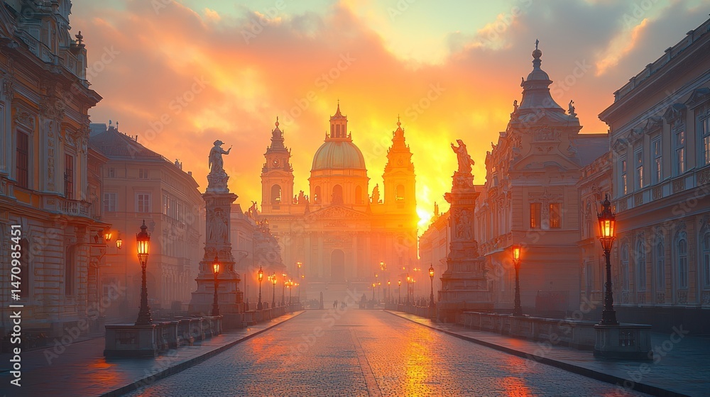 Fototapeta premium Sunrise over historic European city