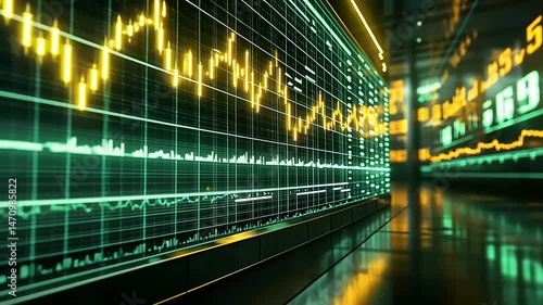 Vibrant Financial Stock Chart With Yellow And Green Lines On A Dark Background And Shiny Floor Displaying Business Investments