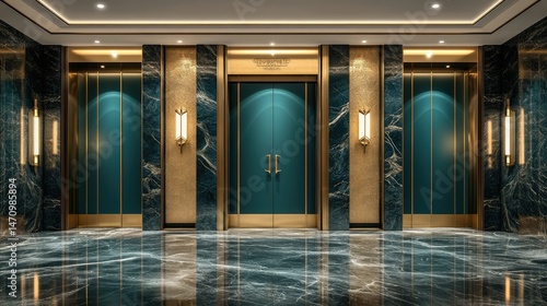 Luxurious hotel elevator lobby.  Modern, elegant, and opulent design with teal colored doors and brass accents.  Marble floors and walls