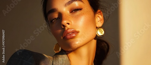 Portrait of a woman with freckles and golden earrings in sunlight (1)