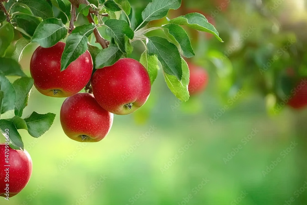 Lush Green Apple Orchard with Red Apples Hanging Lush Green Apple Orchard with Red Apples Hanging
