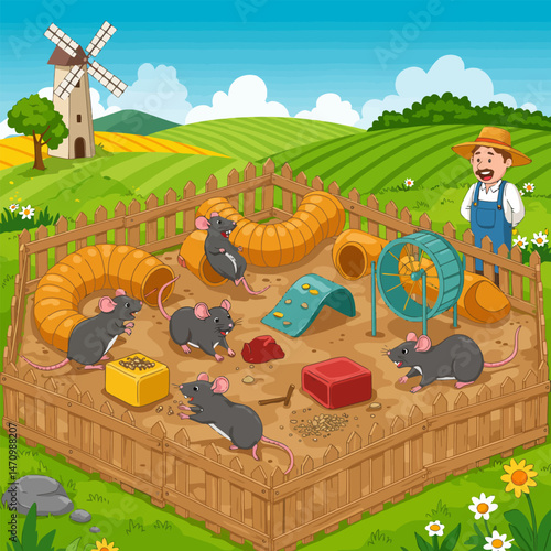 Cartoon Rats Playing in Outdoor Enclosure with Farm Scenery