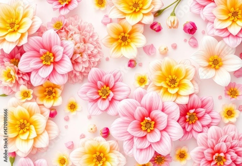 Delicate watercolor pink and yellow floral pattern, soft blooms, background, leaves
