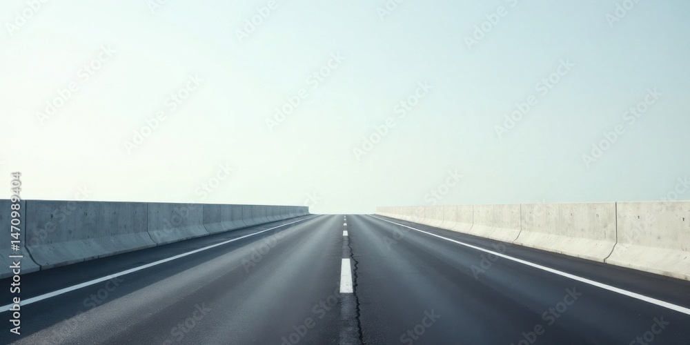 Fototapeta premium Endless Highway A Straight Asphalt Road with Concrete Barriers Under a Pale Sky