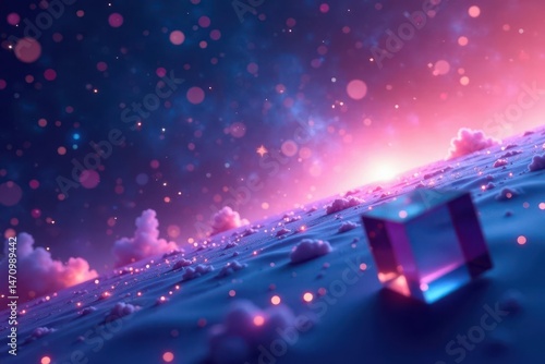 Wallpaper Mural Enchanted Dreamscape A Glimmering Cube Rests on a Cloud-Kissed Plane Underneath a Celestial Glow Torontodigital.ca