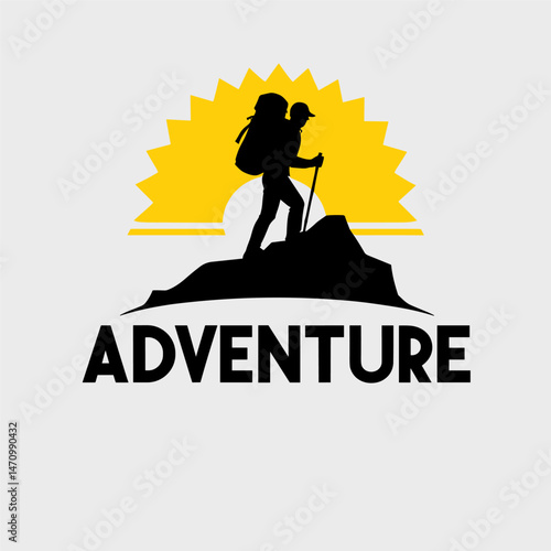 A silhouette of a hiker on a mountain peak under a radiant sun, with the text "ADVENTURE."
