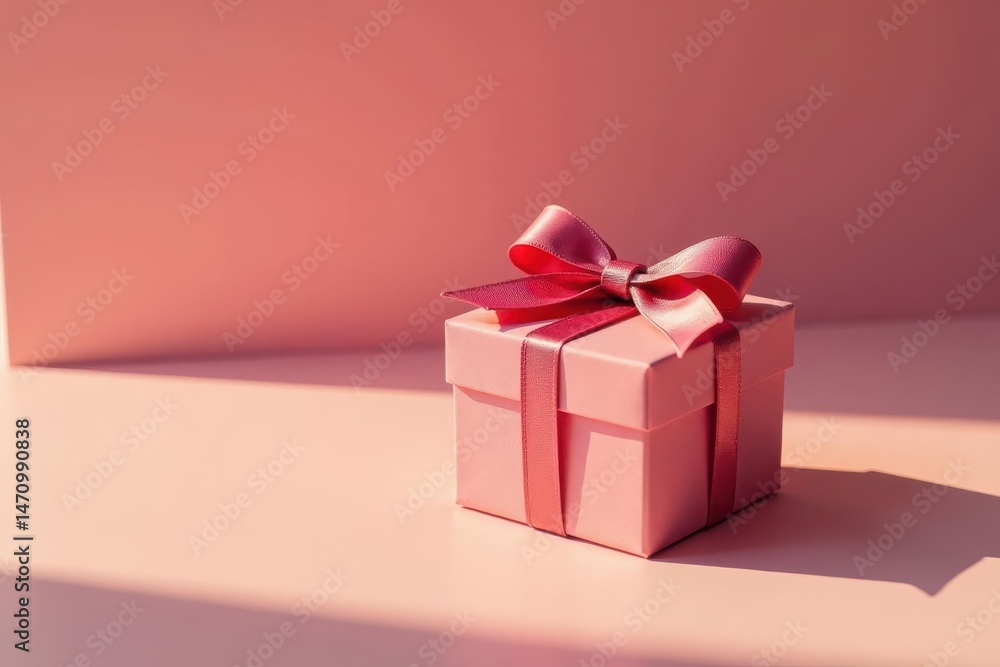 Fototapeta premium A delicately wrapped pink gift box with a satin ribbon, bathed in soft sunlight, sits on a pale pink surface, creating a serene and celebratory atmosphere.