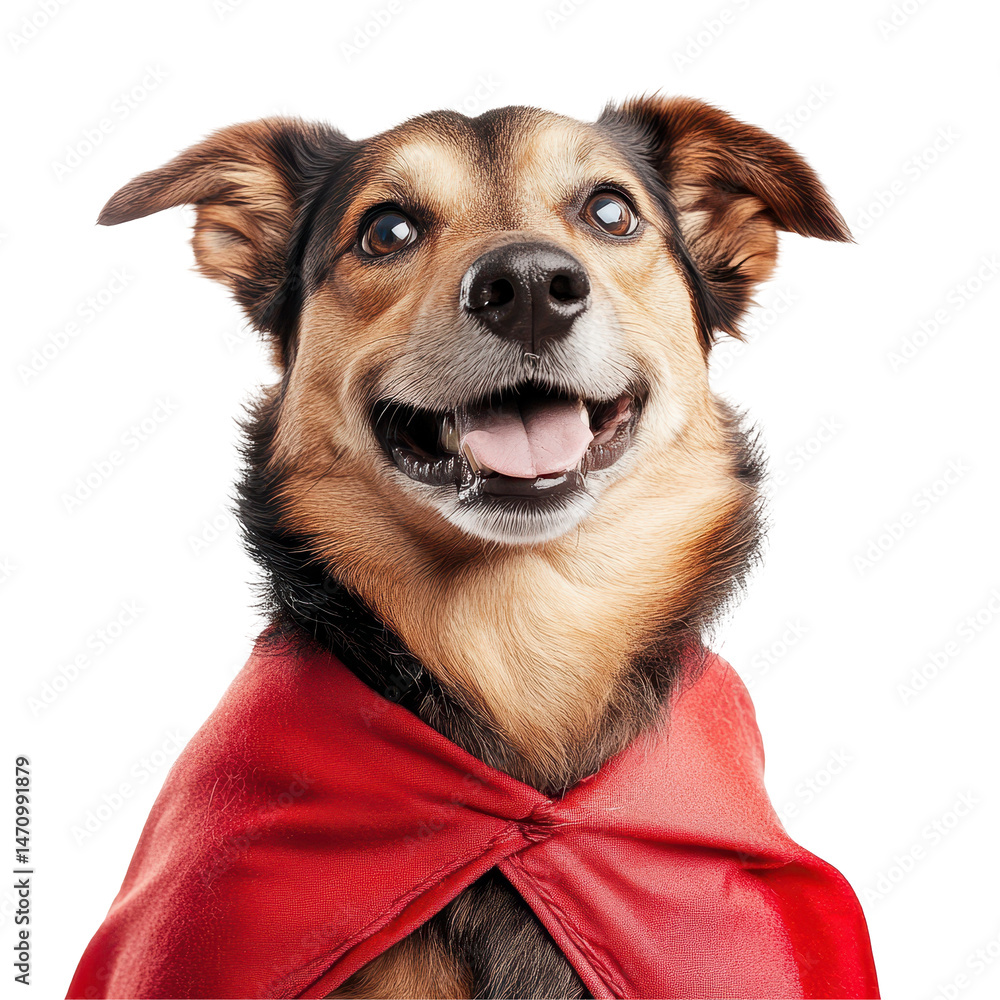 Happy dog dressed as a superhero with a red cape, smiling brightly. transparent background Happy dog dressed as a superhero with a red cape, smiling brightly. transparent background