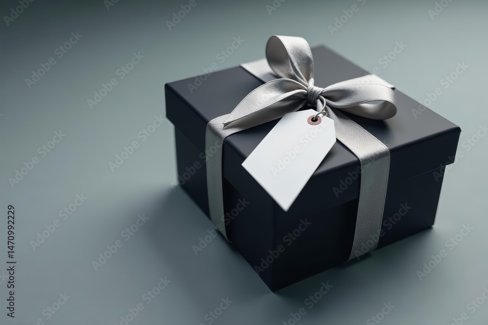 Obraz premium Elegant black gift box with shiny silver ribbon and blank gift tag, surprise, black