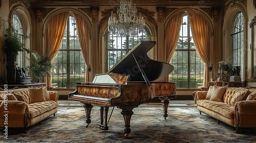 Elegant grand piano displayed in opulent hall with golden curtains high resolution photo