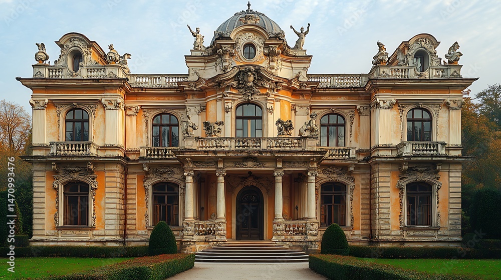 Fototapeta premium Elegant old palace facade with classical sculptures high resolution image