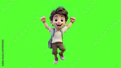 Animated 3D cartoon character student boy dancing have fun on green screen background