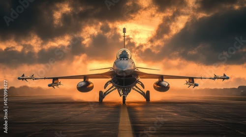 Fighter Jet on Runway with Missiles and Sunset Background