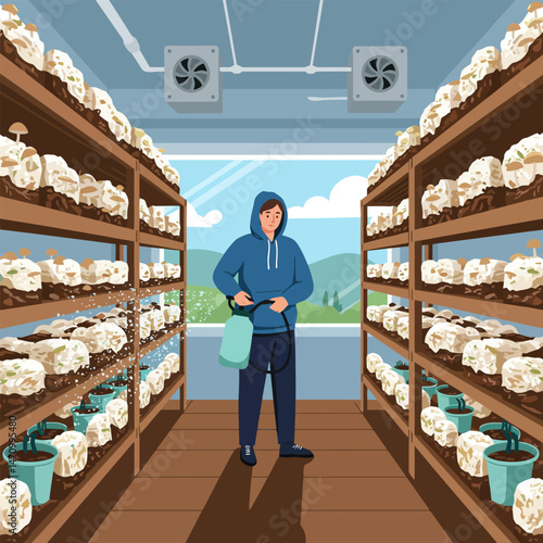 Man Spraying Water on Mushroom Farm Indoor with Shelves