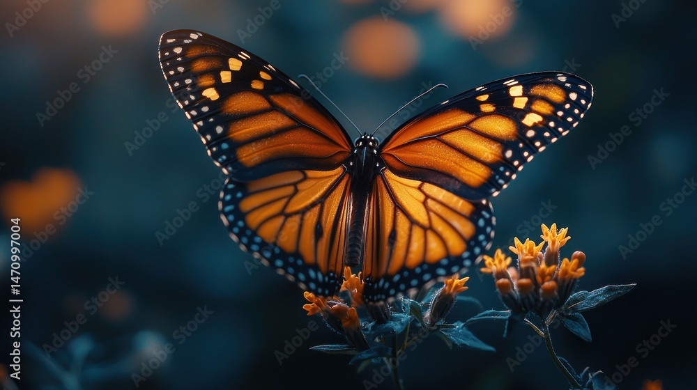 Monarch butterfly resting on flower in soft light Monarch butterfly resting on flower in soft light