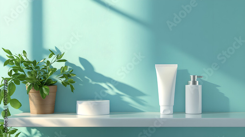 Minimalist Bathroom Shelf with Skincare Products and Green Plant Against Teal Wall