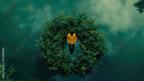 Person in yellow jacket, centered on a circular island of greenery, reflected in still water