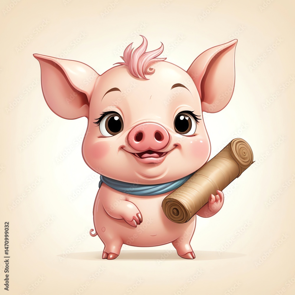 Adorable Pink Piglet Carrying a Roll Adorable Pink Piglet Carrying a Roll