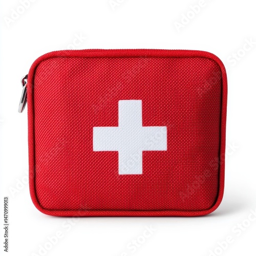 Red First Aid Kit with White Cross Symbol on Fabric Surface