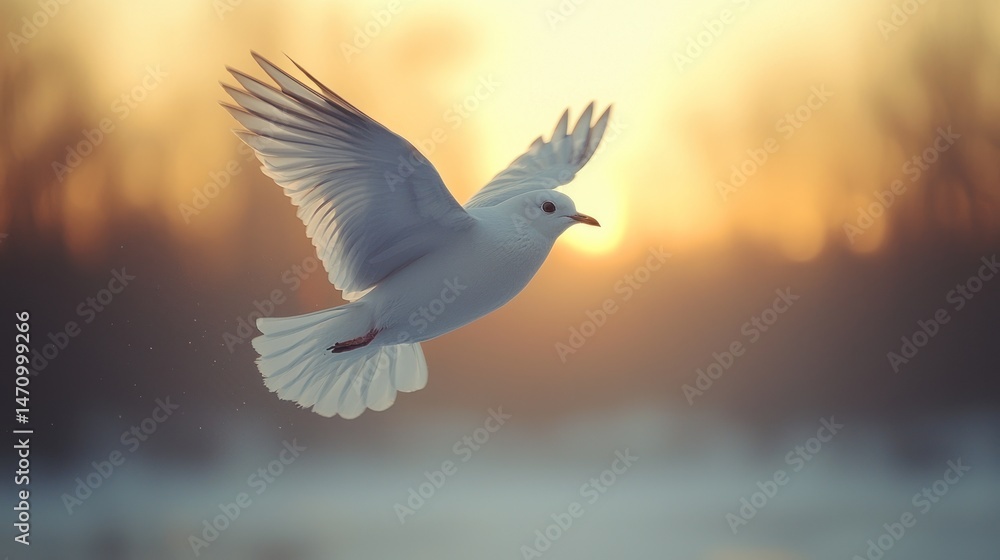 Fototapeta premium White dove in flight at sunset