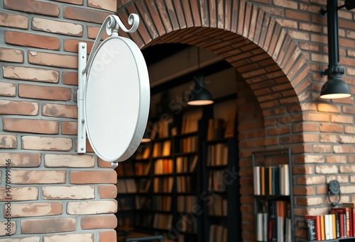 Empty white circular iron shop sign on a textured brick wall in a trendy urban bookstore cafe, hipster, brick