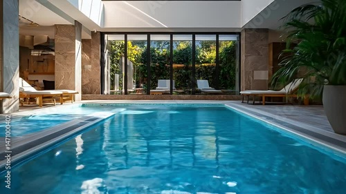 Wallpaper Mural Indoor Swimming Pool with Azure Water Sunbeds and Potted Plants Under Natural Sunlight in a Luxury Hotel Resort With Serene Tranquil Atmosphere Torontodigital.ca