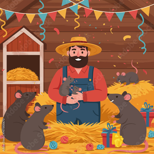 Farmer Holding Mice Celebrating with Party Decorations and Presents in Barn