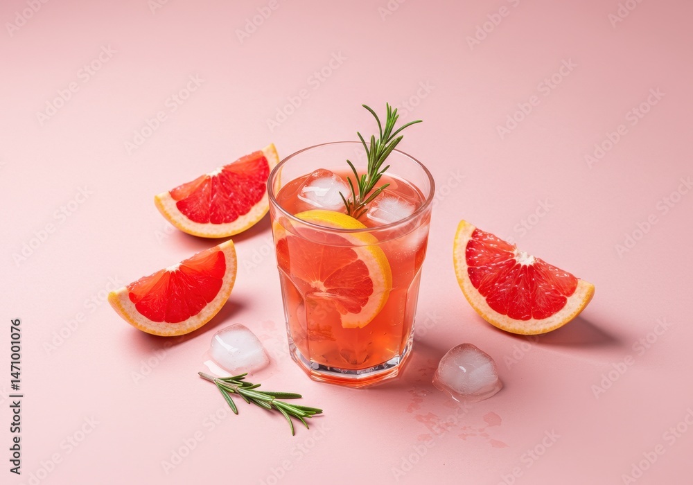 Refreshing grapefruit cocktail with rosemary on pink background Refreshing grapefruit cocktail with rosemary on pink background