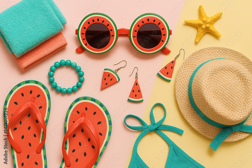 Naklejka premium A summer fashion flatlay featuring watermelon-themed sunglasses