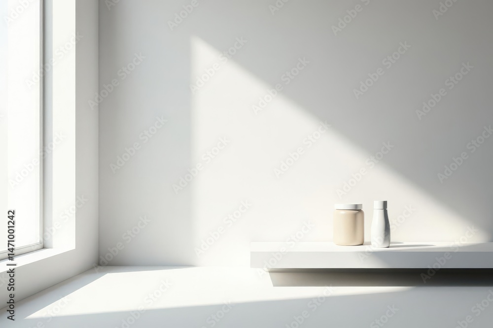 Fototapeta premium Minimalist Product Display Sunlit White Room with Simple Containers on Shelf