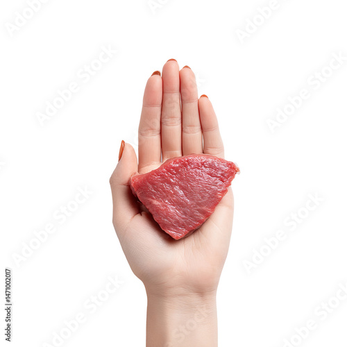 A hand delicately holding a fresh slice of red meat, ready for cooking or consumption