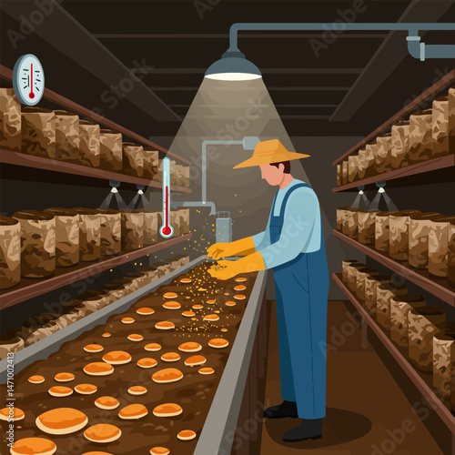 Cultivating Mushrooms Indoors Farmer Adding Nutrients for Healthy Growth