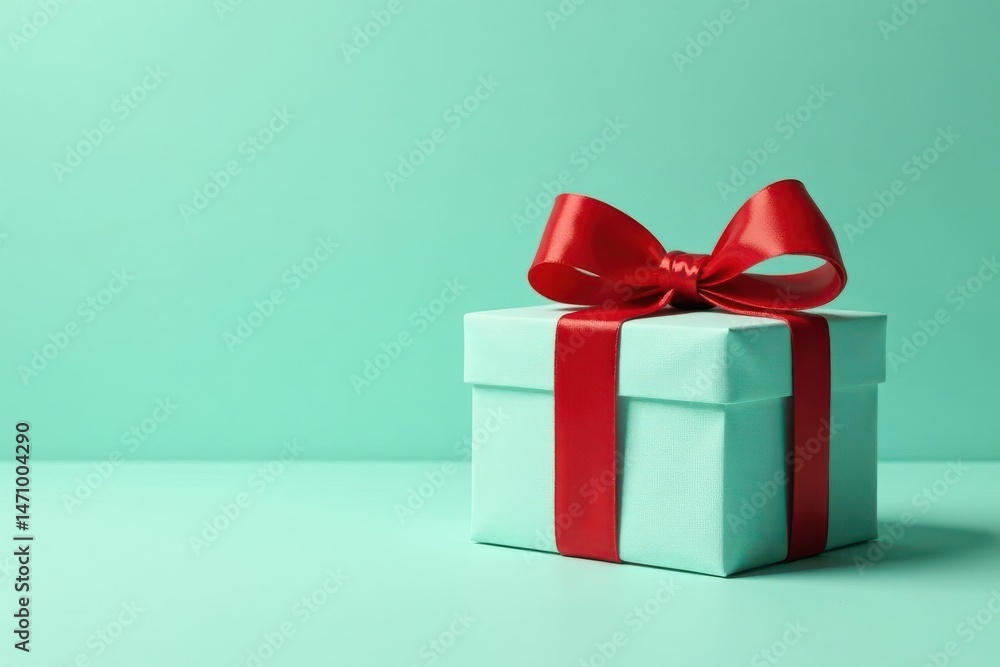 Obraz premium A Mint Green Gift Box with a Vibrant Red Ribbon Bow, Ready for a Special Occasion